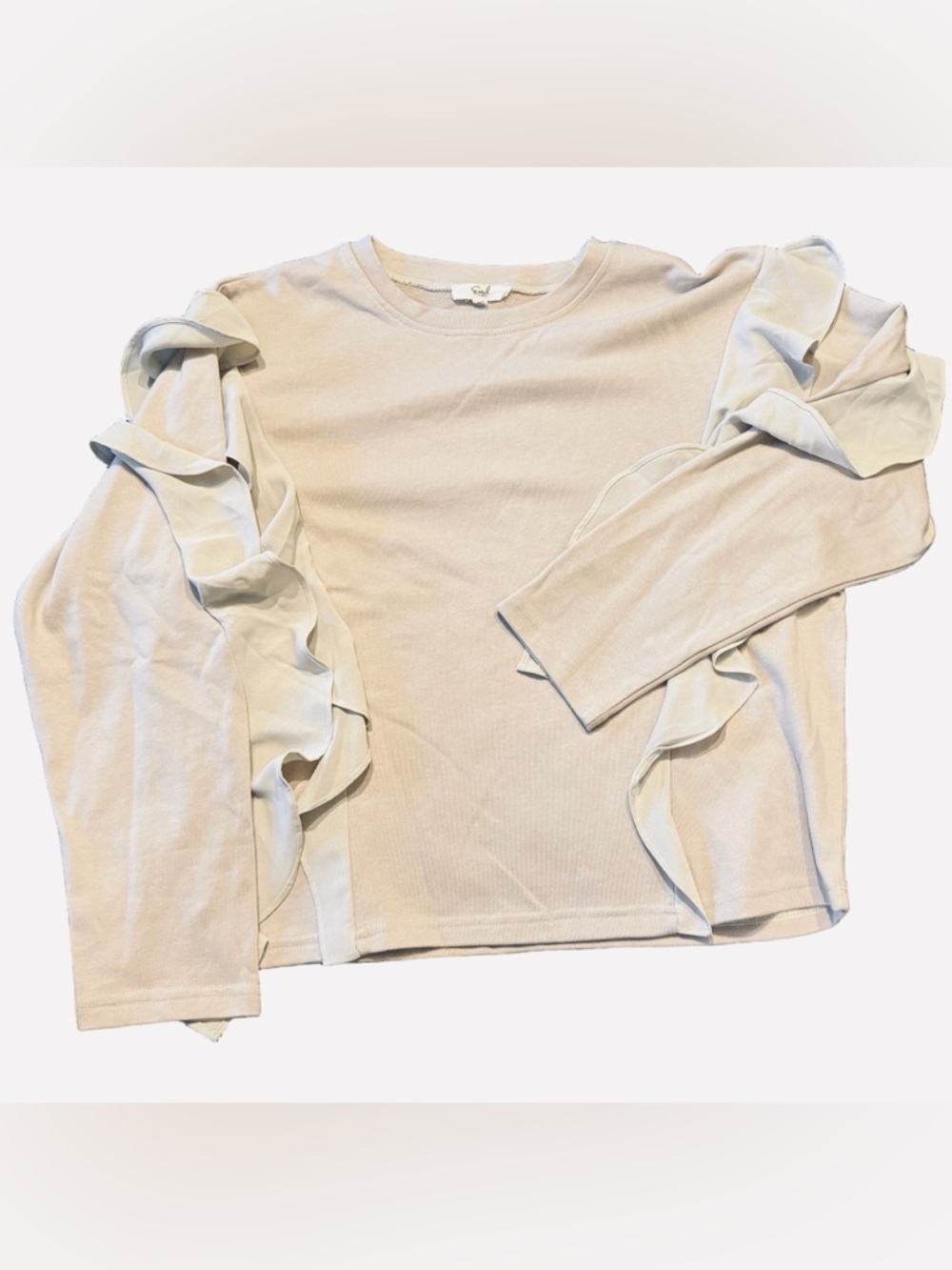 Easel Ruffle-Accent Long Sleeve Top Sweatshirt in Light Cream - Picture 2 of 7